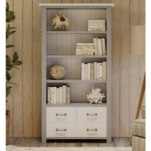 GreyStone Wooden Large Open Bookcase With 3 Drawers In Grey
