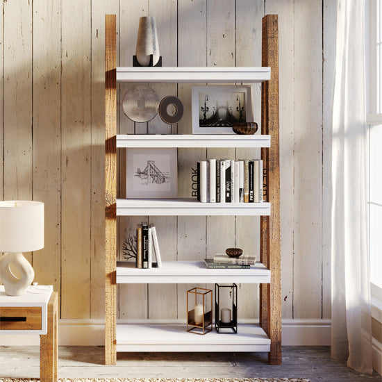 Trinity Wooden Open Large Bookcase With 5 Shelves In White And Oak