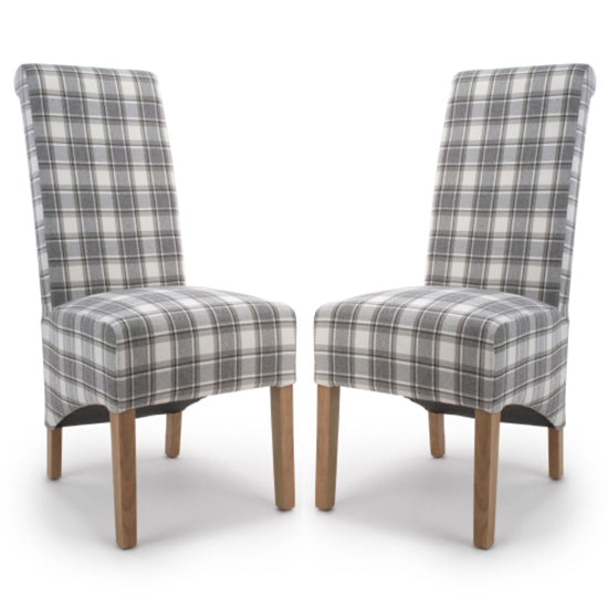 Krista Roll Back Cappuccino Check Herringbone Fabric Dining Chairs In Pair