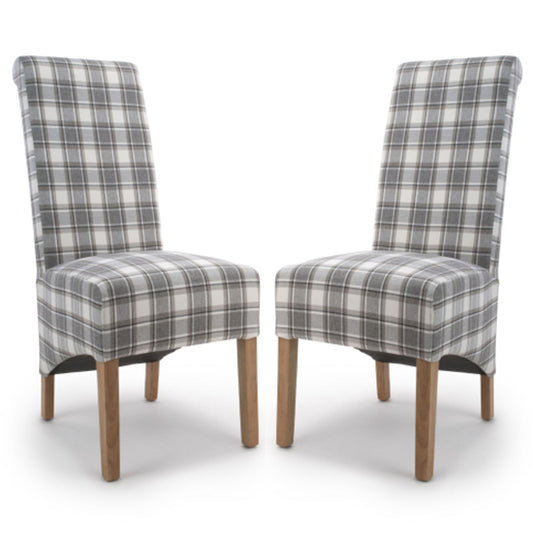 Krista Roll Back Cappuccino Check Herringbone Fabric Dining Chairs In Pair