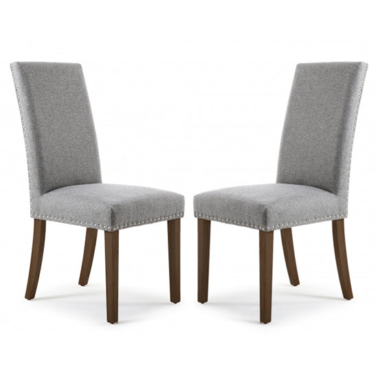 Randall Stud Detail Silver Grey Linen Effect Dining Chairs With Walnut Legs In Pair