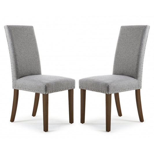 Randall Stud Detail Silver Grey Linen Effect Dining Chairs With Walnut Legs In Pair