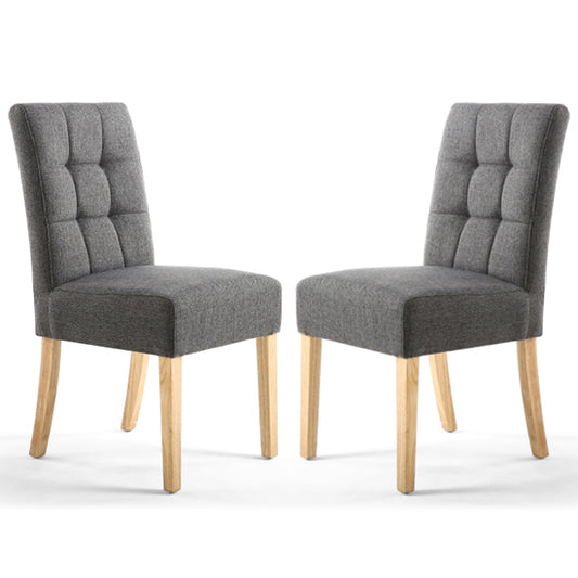 Moseley Stitched Waffle Steel Grey Linen Effect DIning Chairs With Natural Legs In Pair