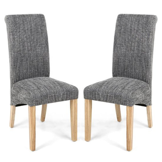 Karta Tweed Grey Weave Scroll Back Fabric Dining Chairs In Pair