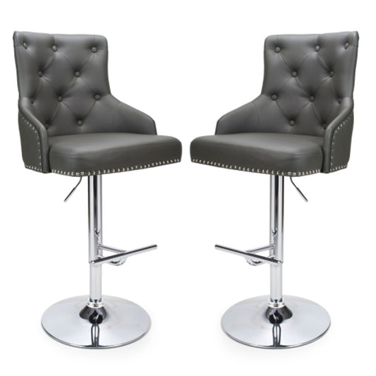 Rocco Graphite Grey Leather Effect Bar Stools In Pair