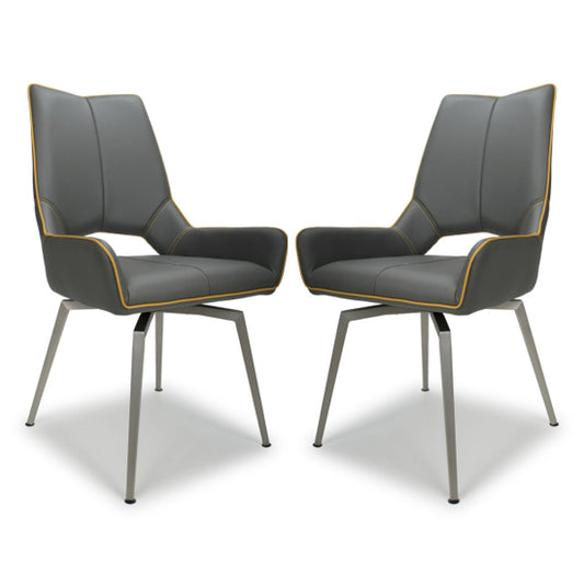 Mako Swivel Graphite Grey Leather Effect Dining Chairs In Pair