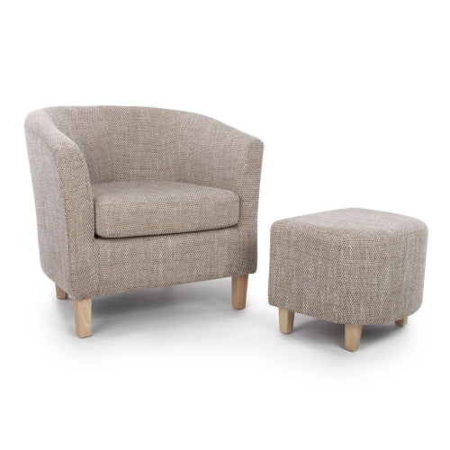 Tub Tweed Fabric Armchair And Stool In Oatmeal With Natural Rubberwood Legs