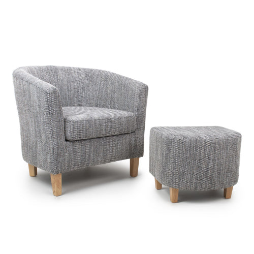 Tub Tweed Fabric Armchair And Stool In Grey With Natural Rubberwood Legs