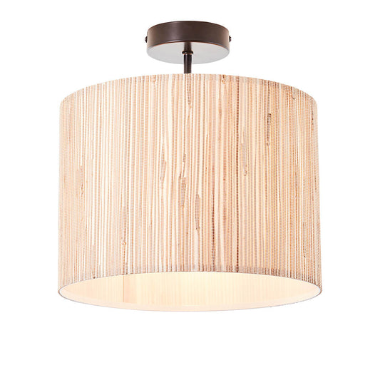 Longshore Natural Seagrass Drum Shade Semi Flush Ceiling Light In Matt Black