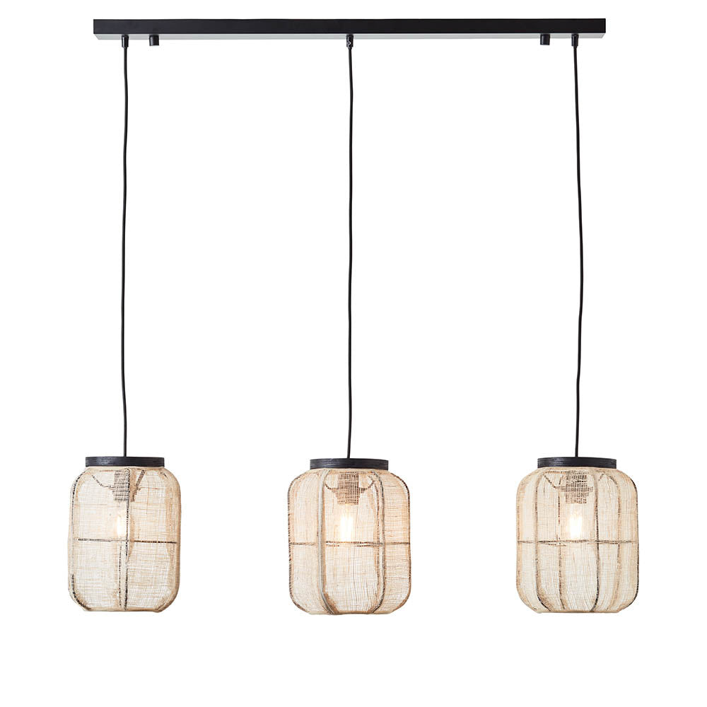 Zaire 3 Lights Natural Linen Fabric Linear Ceiling Pendant Light In Matt Black
