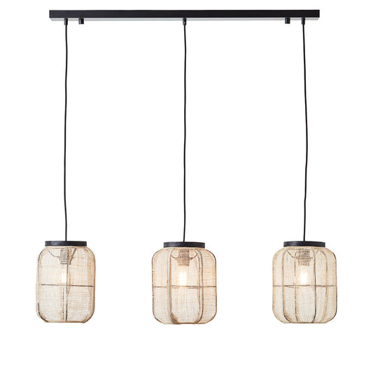 Zaire 3 Lights Natural Linen Fabric Linear Ceiling Pendant Light In Matt Black