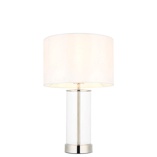 Lessina Small Vintage White Fabric Drum Shade Touch Table Lamp In Bright Nickel