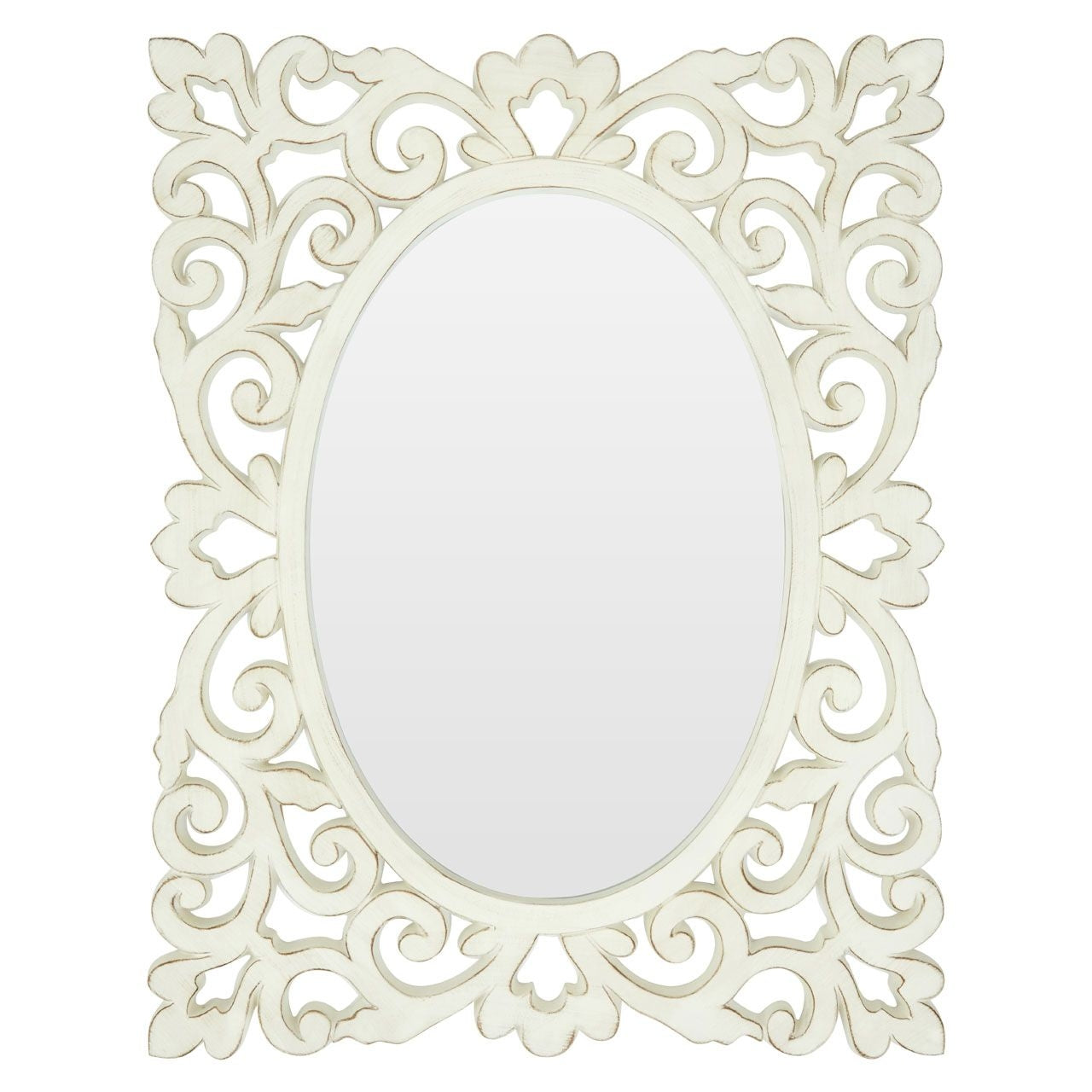 Stansie Wall Bedroom Mirror In Weathered White Lace Design Frame