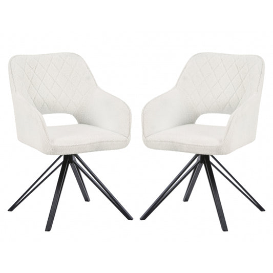 Lincoln Swivel White Boucle Fabric Dining Chairs In Pair