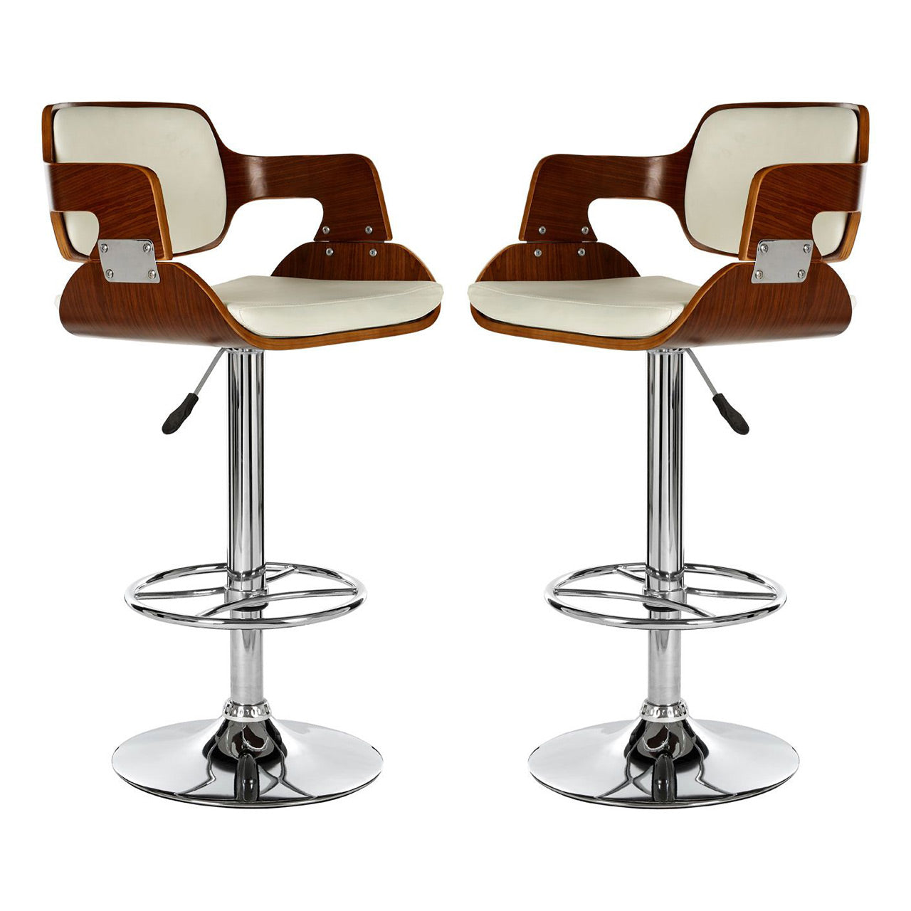 Sotres White Leather Effect And Walnut Wooden Seat Bar Stools In Pair