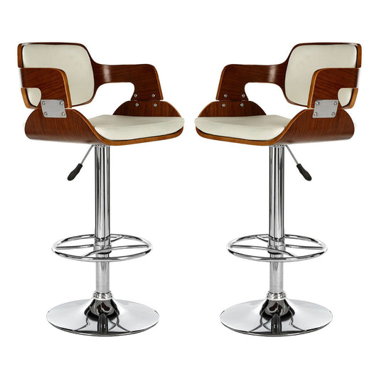 Sotres White Leather Effect And Walnut Wooden Seat Bar Stools In Pair