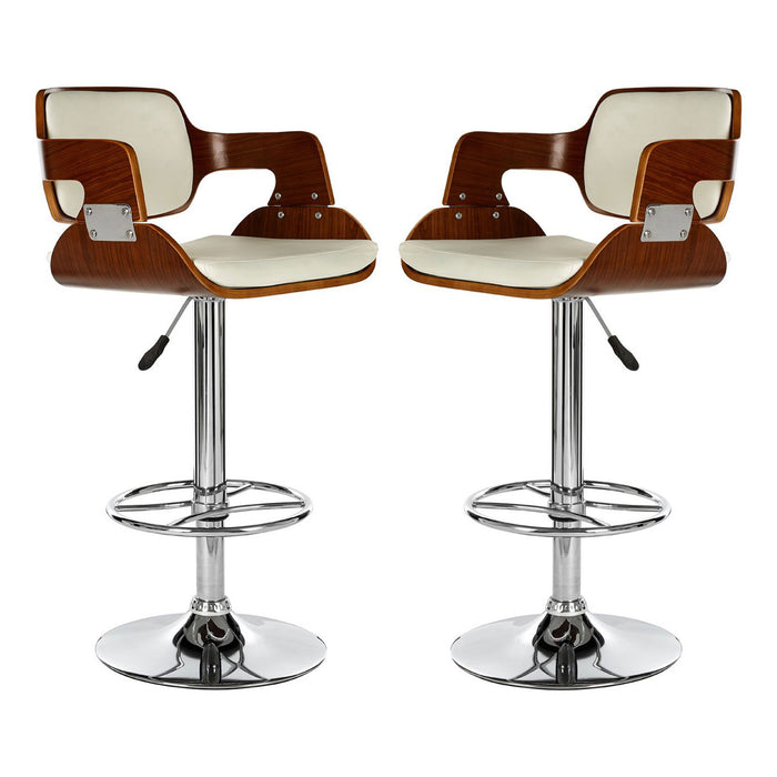 Sotres White Leather Effect And Walnut Wooden Seat Bar Stools In Pair