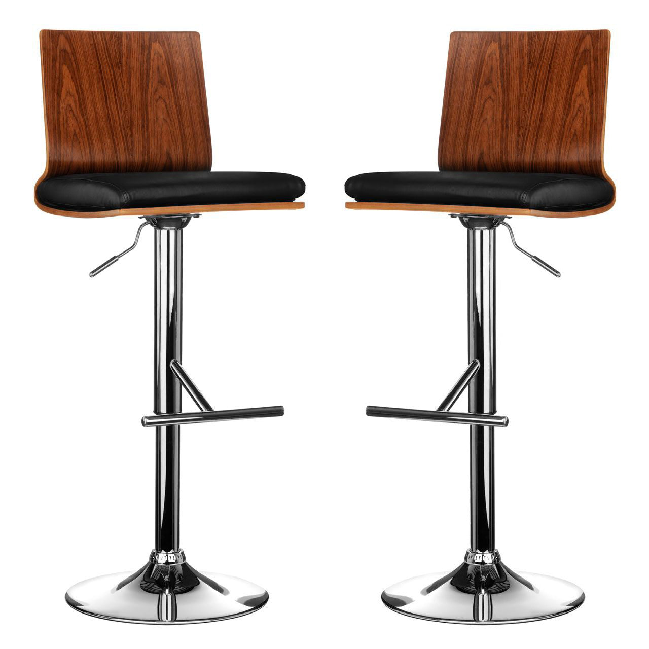 Sotres Black Leather Effect And Walnut Wooden Seat Bar Stools In Pair