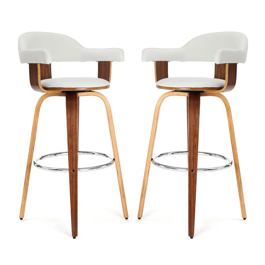Bohena Rotating White Faux Leather Bar Chairs With Armrest In Pair
