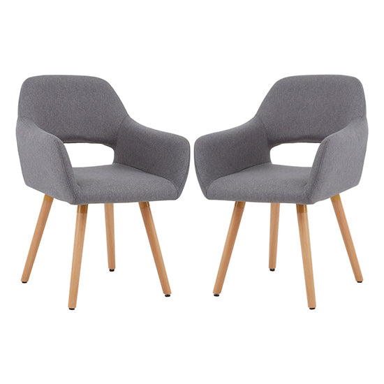 Stockholm Grey Polyester Fabric Dining Chairs With Wooden Legs In Pair