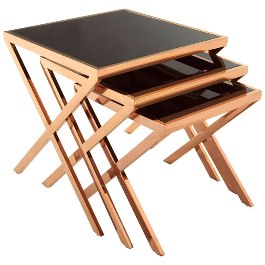 Ackley Black Glass Nest Of 2 Tables With Rose Gold Stainless Steel Frame