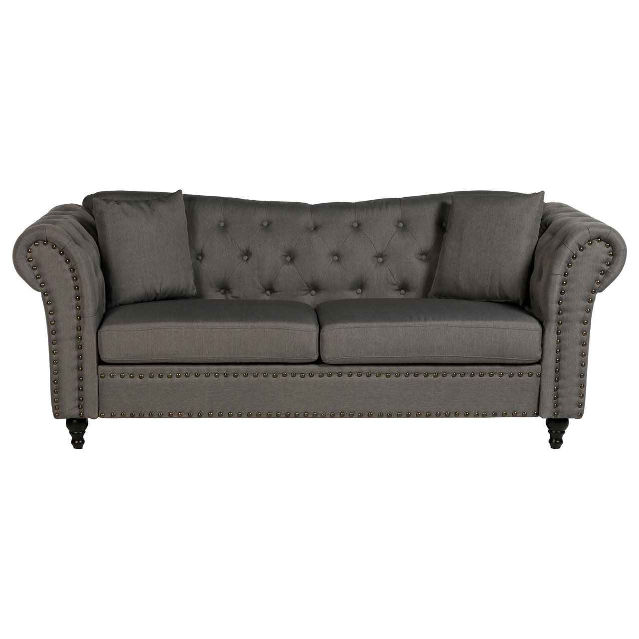 Fable Chesterfield Fabric 3 Seater Sofa In Grey With Knopped Feets