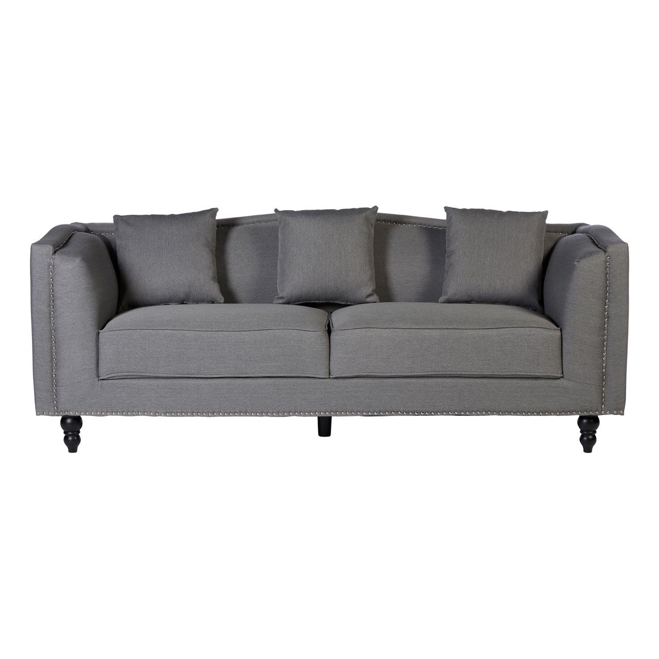 Feya Polyester Fabric 3 Seater Sofa In Grey With Glossy Black Feets