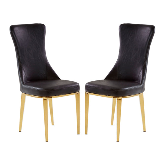 Forli Black Faux Leather Dining Chairs With Gold Stainless Steel Legs In Pair