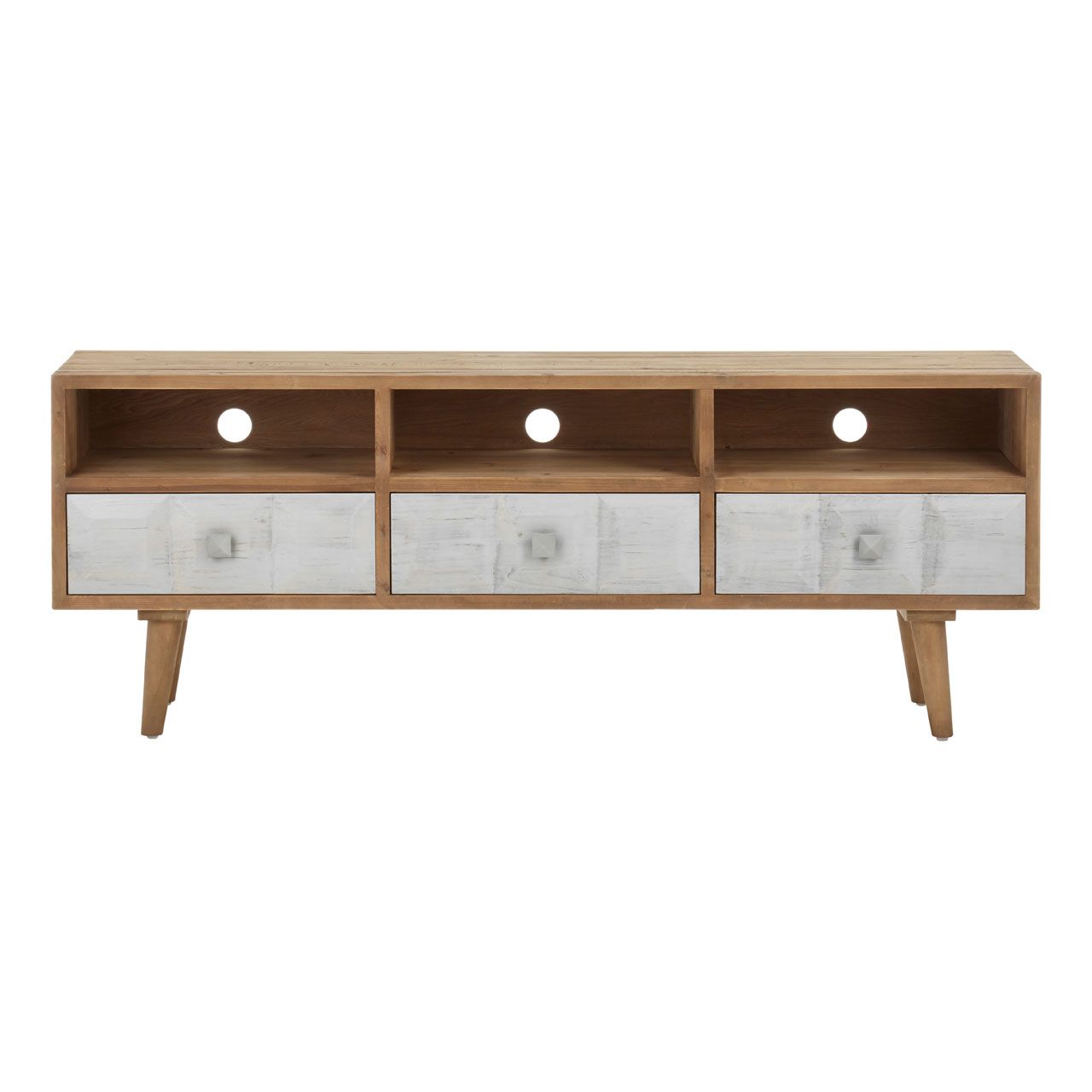 Papua Wooden TV Stand In Whitewash With 3 Drawers And 3 Shelves