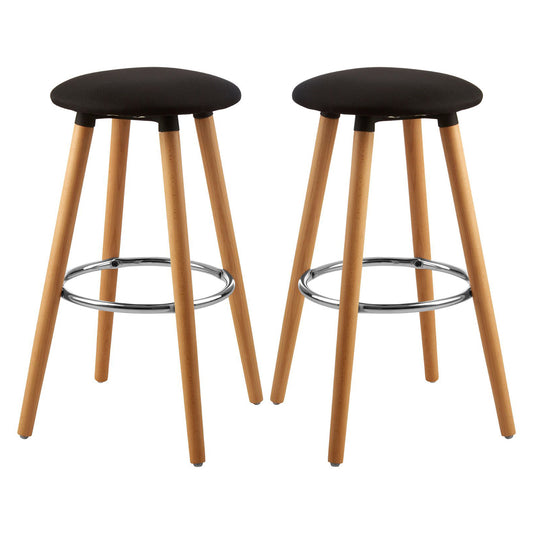 Stockholm Round Black Faux Linen Bar Stools With Beechwood Legs In Pair
