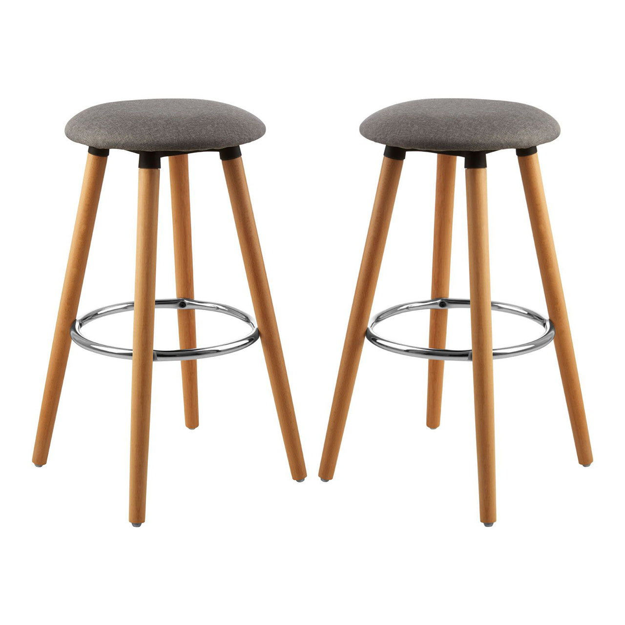 Stockholm Round Grey Faux Linen Bar Stools With Beechwood Legs In Pair