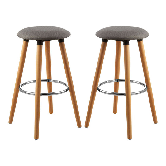 Stockholm Round Grey Faux Linen Bar Stools With Beechwood Legs In Pair