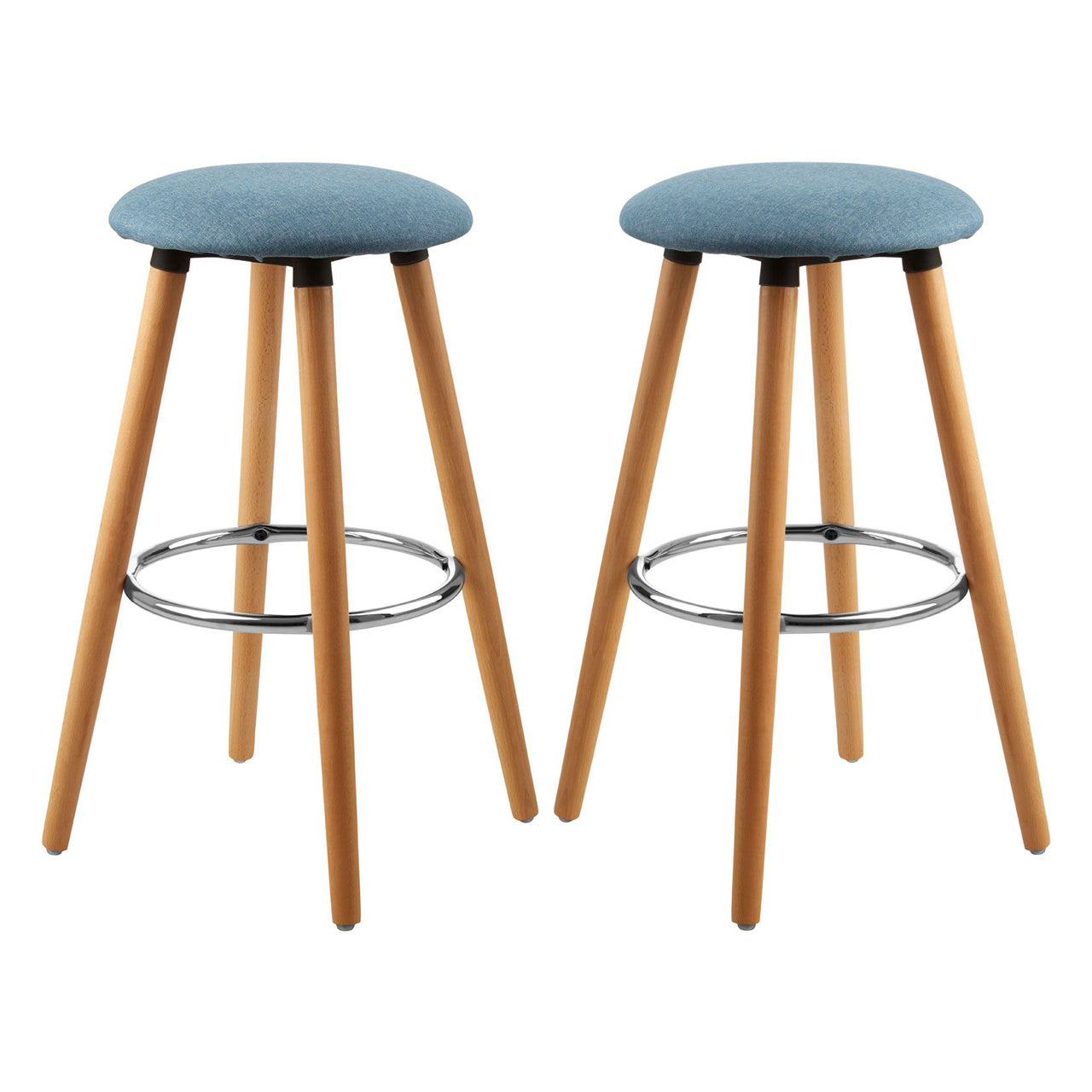 Stockholm Round Blue Faux Linen Bar Stools With Beechwood Legs In Pair