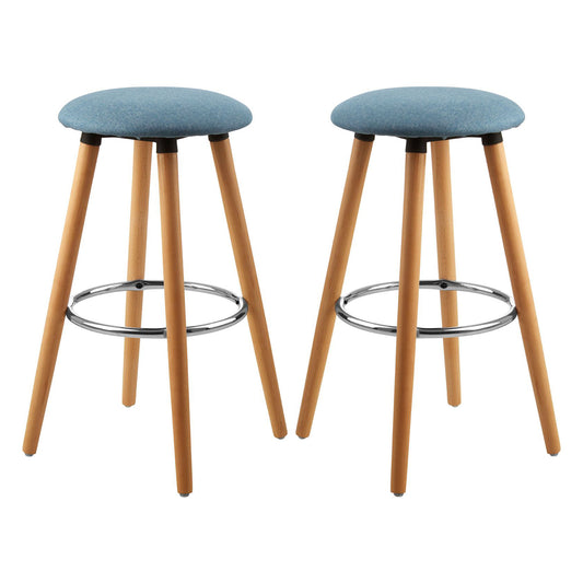 Stockholm Round Blue Faux Linen Bar Stools With Beechwood Legs In Pair