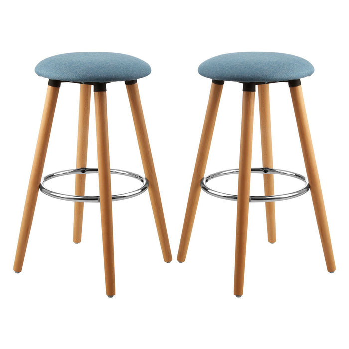 Stockholm Round Blue Faux Linen Bar Stools With Beechwood Legs In Pair
