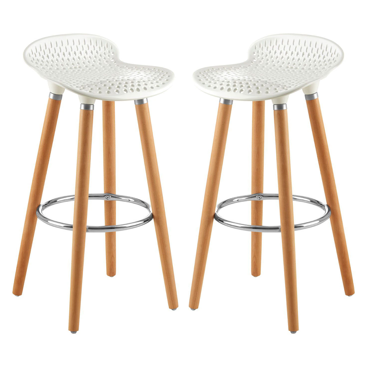 Stockholm Matte White Plastic Seat Bar Stools With Beechwood Legs In Pair