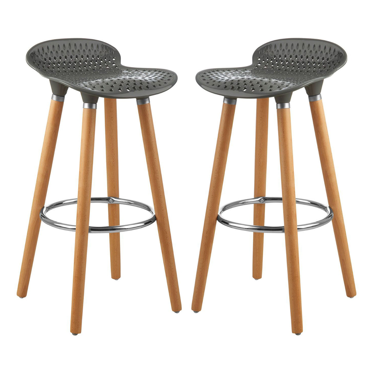Stockholm Matte Grey Plastic Seat Bar Stools With Beechwood Legs In Pair