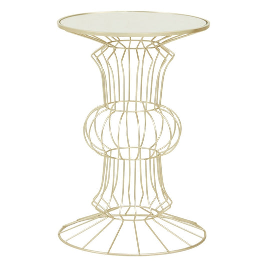 Yaxi Round Mirrored Top Side Table In White With Light Gold Metal Frame
