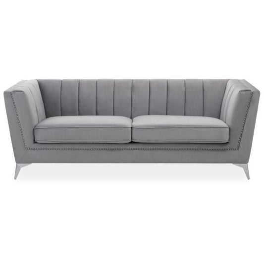 Haldis Velvet 3 Seater Sofa In Grey With Chrome Metal Legs