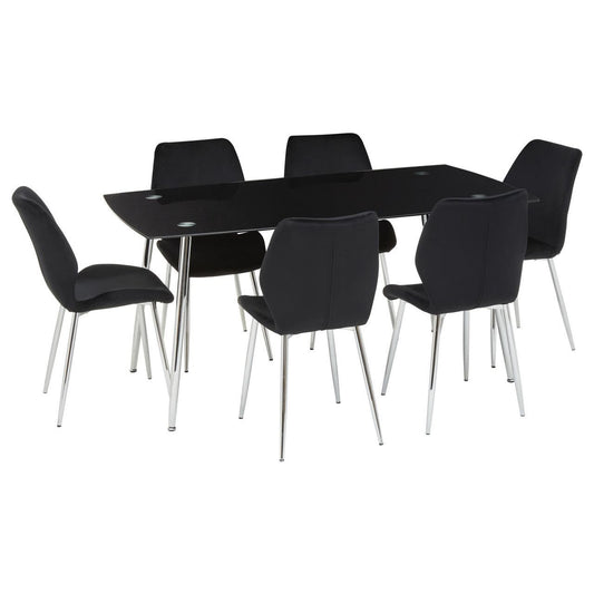 Wimslow Black Glass Dining Table With 6 Black Velvet Chairs