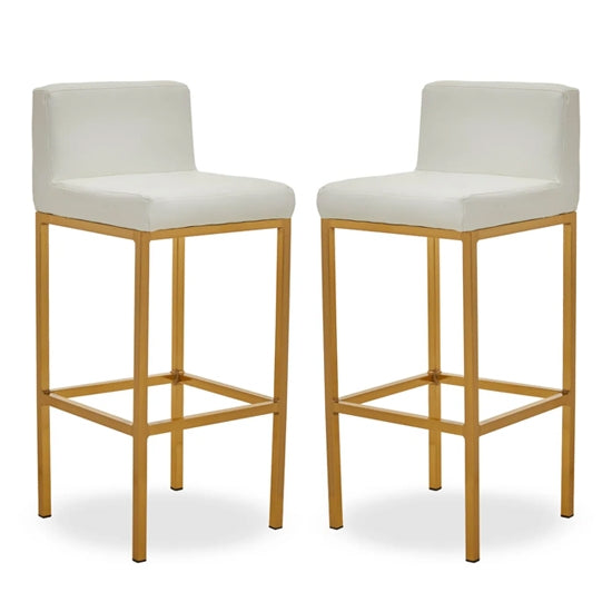 Bolney White Faux Leather Bar Chairs With Gold Metal Base In Pair