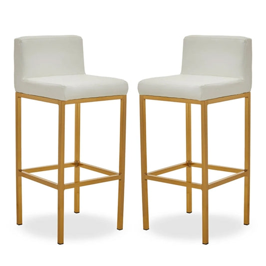Bolney White Faux Leather Bar Chairs With Gold Metal Base In Pair