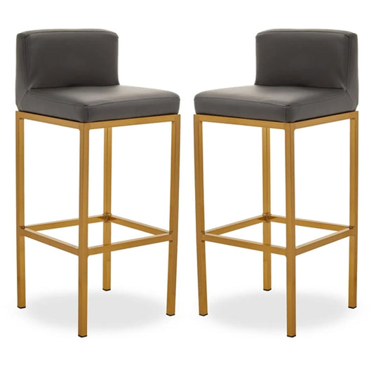Bolney Grey Faux Leather Bar Chairs With Gold Metal Base In Pair