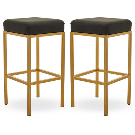 Bolney Black Faux Leather Bar Stools With Gold Metal Base In Pair