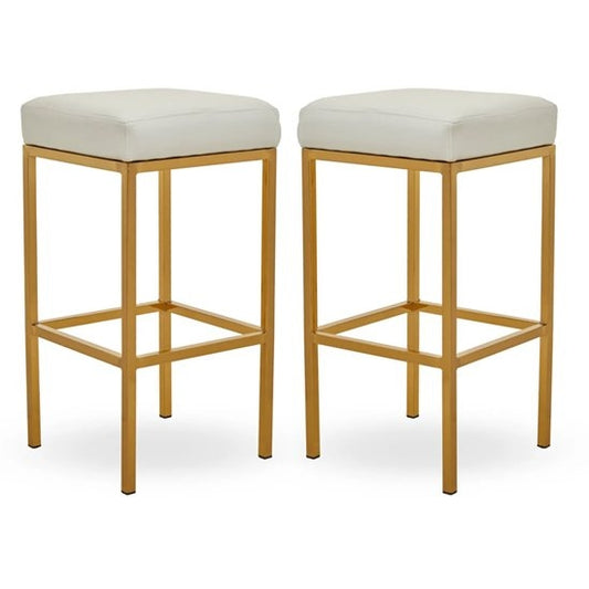 Bolney White Faux Leather Bar Stools With Gold Metal Base In Pair