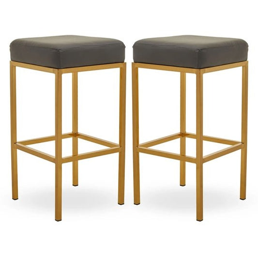 Bolney Grey Faux Leather Bar Stools With Gold Metal Base In Pair