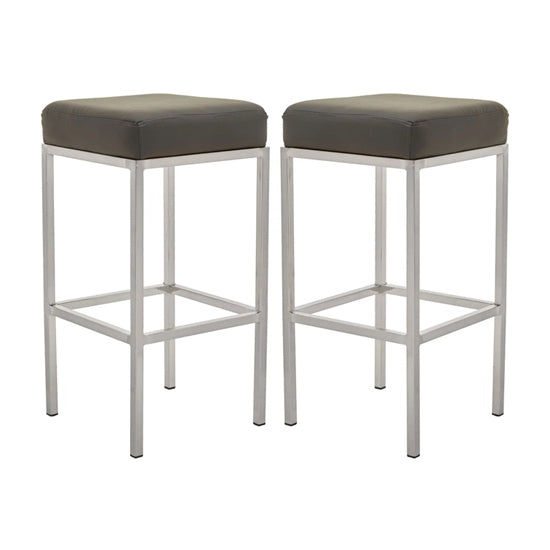 Bolney Grey Faux Leather Bar Stools With Chrome Metal Base In Pair