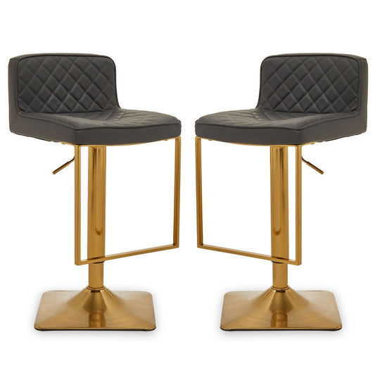 Baian Dark Grey Leather Effect Bar Stools With Gold Base In Pair
