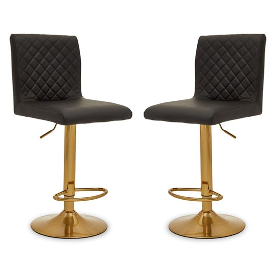 Bowburn Gas-lift Black Faux Leather Bar Stools With Gold Base In Pair