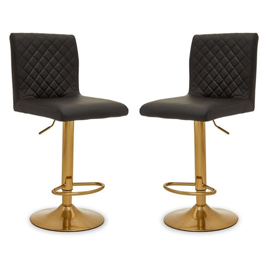 Bowburn Gas-lift Black Faux Leather Bar Stools With Gold Base In Pair